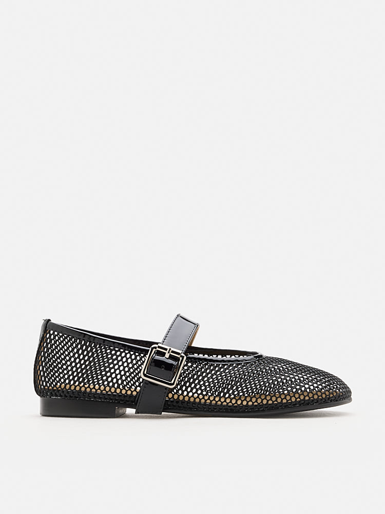 PAZZION, Ellie Mesh Buckled Mary Janes, Black