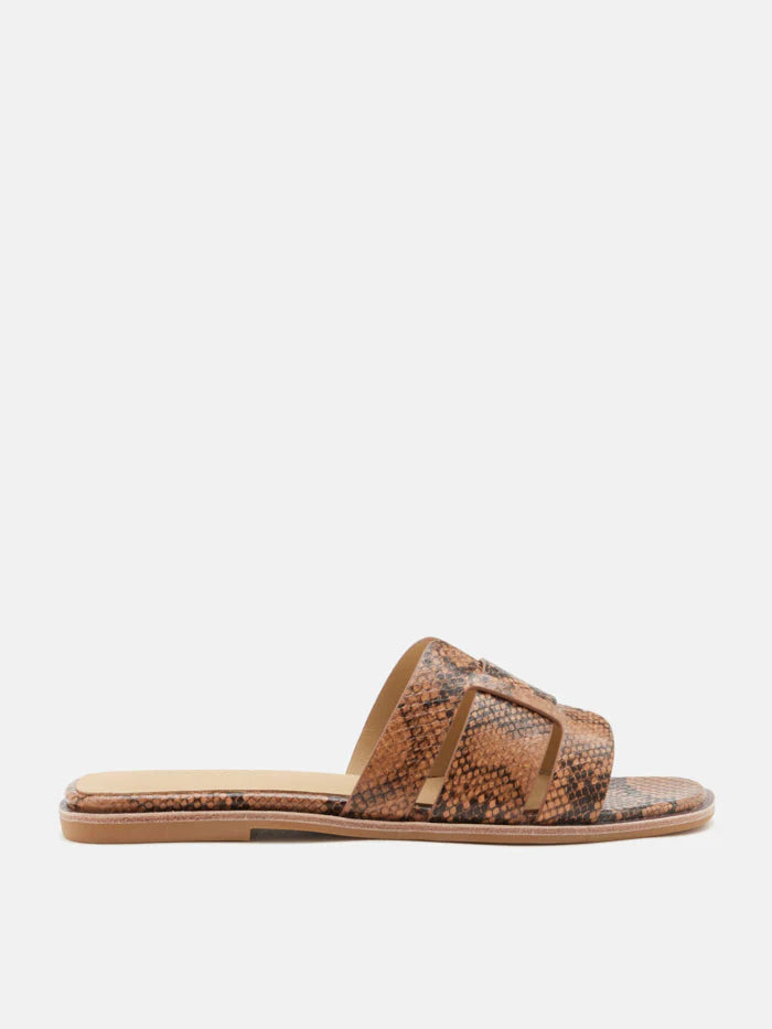 PAZZION, Elmira Python-Print Embossed Leather Cage Slides, Brown