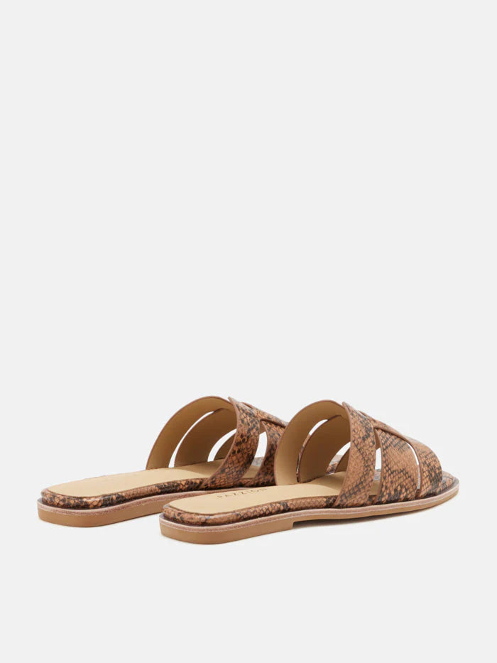 PAZZION, Elmira Python-Print Embossed Leather Cage Slides, Brown