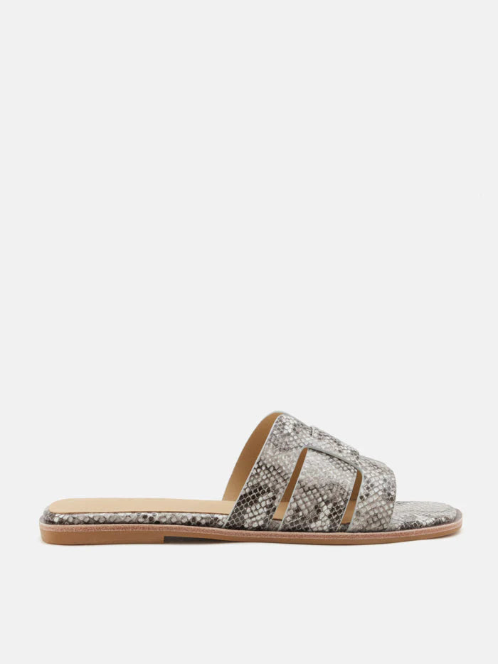 PAZZION, Elmira Python-Print Embossed Leather Cage Slides, Grey