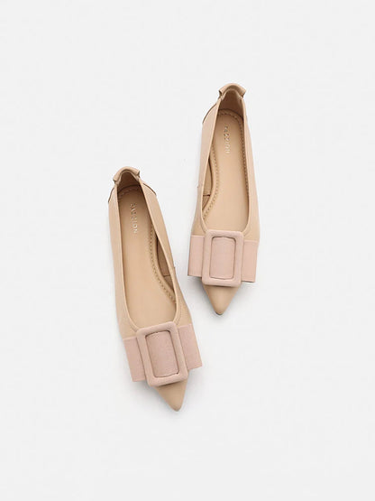 PAZZION, Elyse Bow Buckled Pointed Toe Flats, Almond