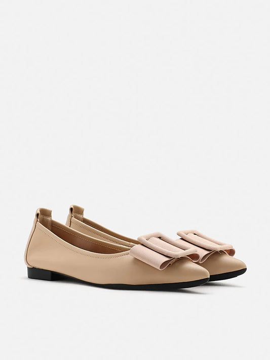 PAZZION, Elyse Bow Buckled Pointed Toe Flats, Almond