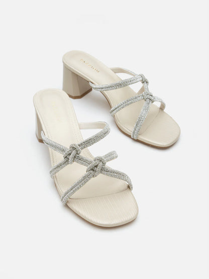 PAZZION, Ema Double Knot Crystal Sandal Heels, Champagne