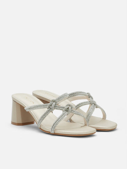 PAZZION, Ema Double Knot Crystal Sandal Heels, Champagne