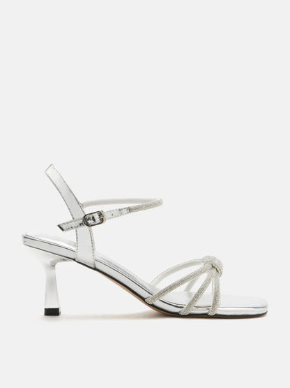 PAZZION, Emery Crystal Embellished Knot Strap Heel Sandals, Silver