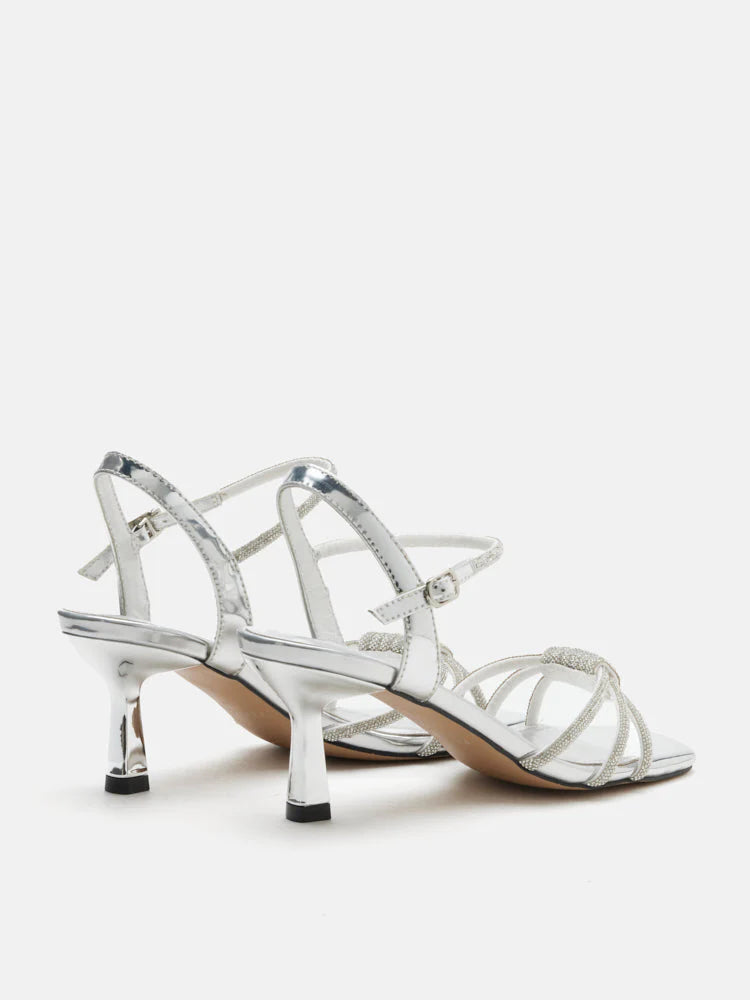 PAZZION, Emery Crystal Embellished Knot Strap Heel Sandals, Silver