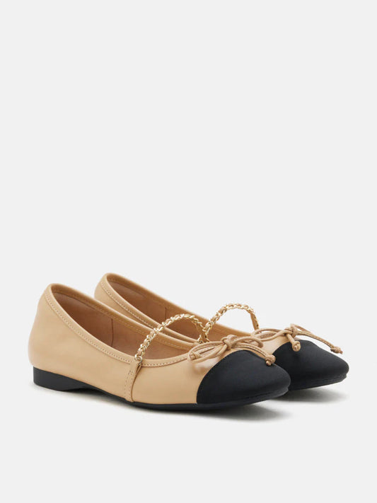 PAZZION, Emily Chained and Bow Mary Jane Ballet Flats, Almond