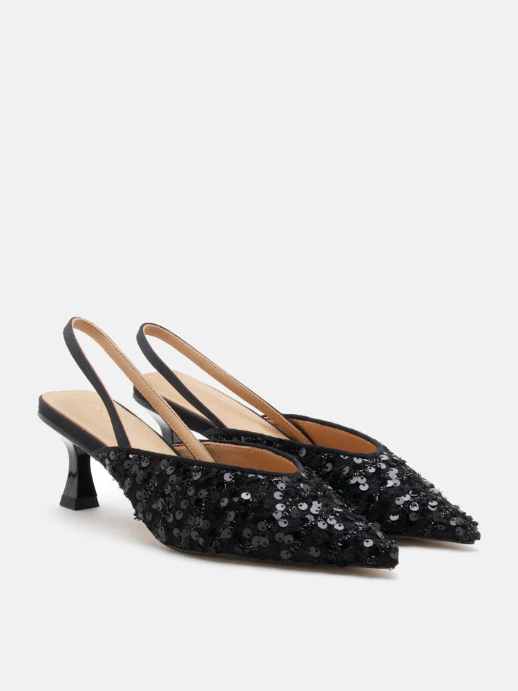 PAZZION, Esme Sequin Pointed Toe Slingback Heels, Black