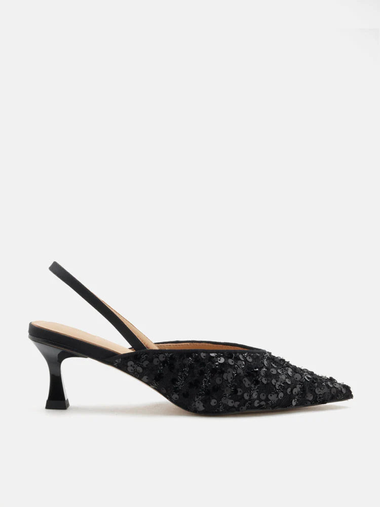 PAZZION, Esme Sequin Pointed Toe Slingback Heels, Black