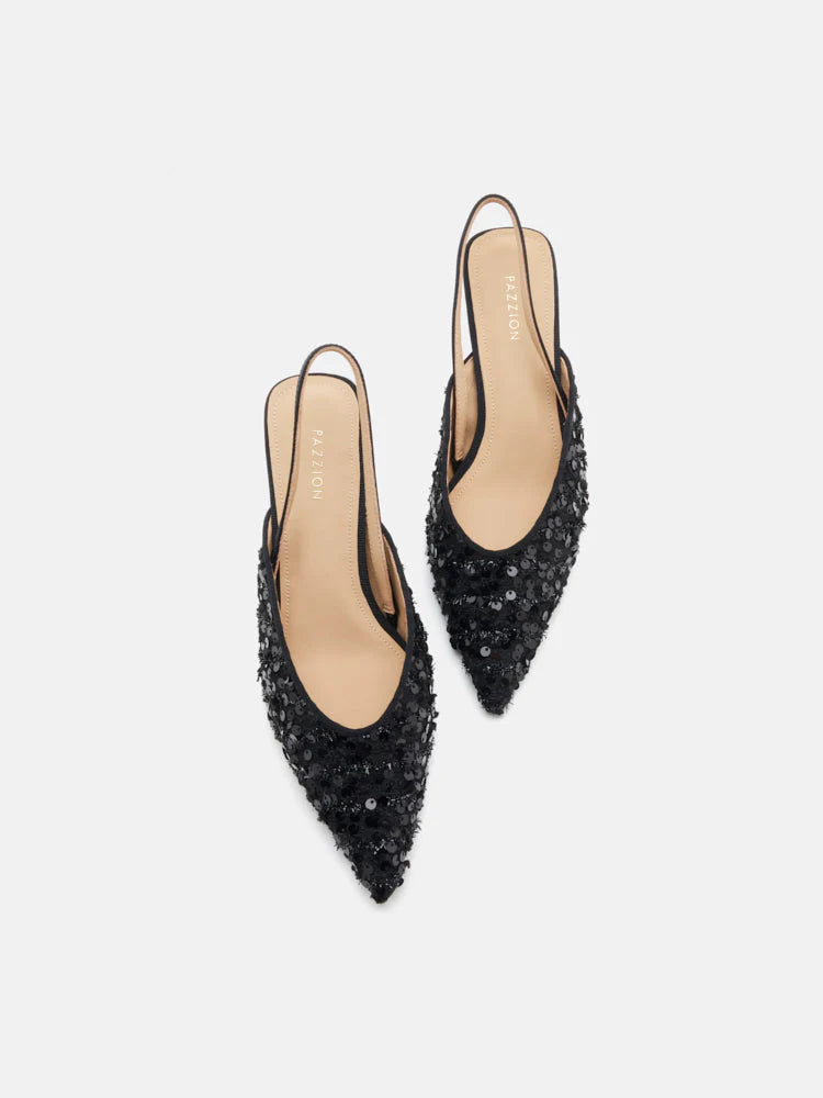 PAZZION, Esme Sequin Pointed Toe Slingback Heels, Black