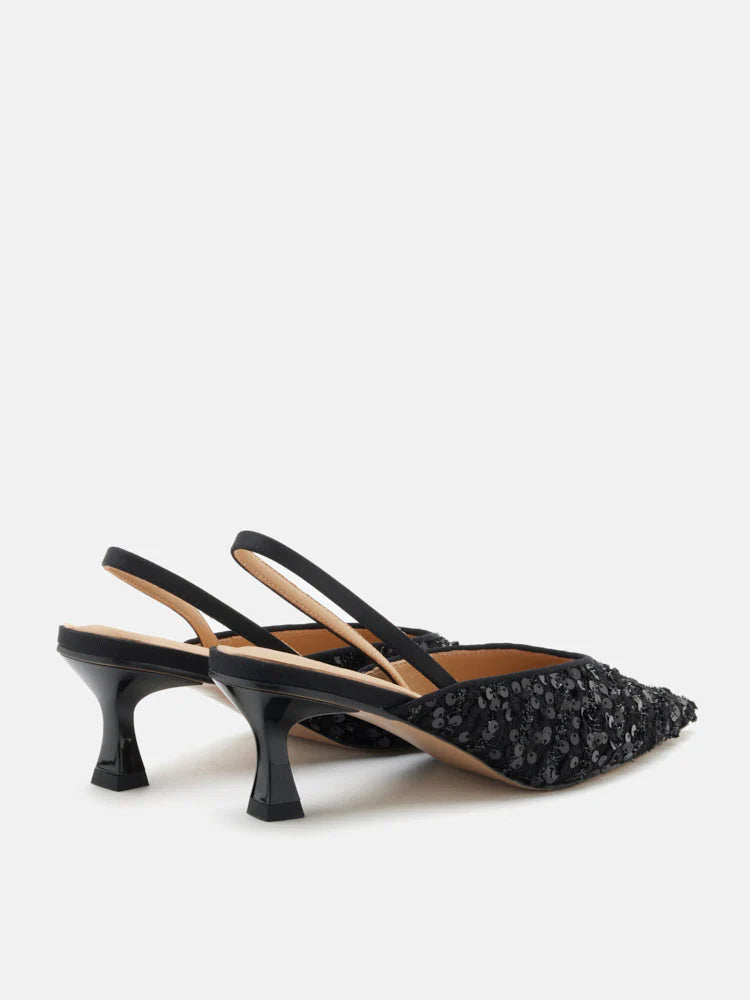 PAZZION, Esme Sequin Pointed Toe Slingback Heels, Black