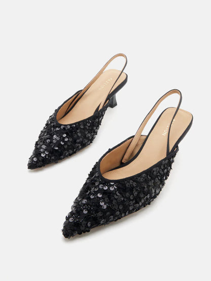 PAZZION, Esme Sequin Pointed Toe Slingback Heels, Black