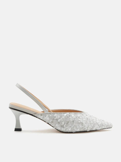 PAZZION, Esme Sequin Pointed Toe Slingback Heels, Grey