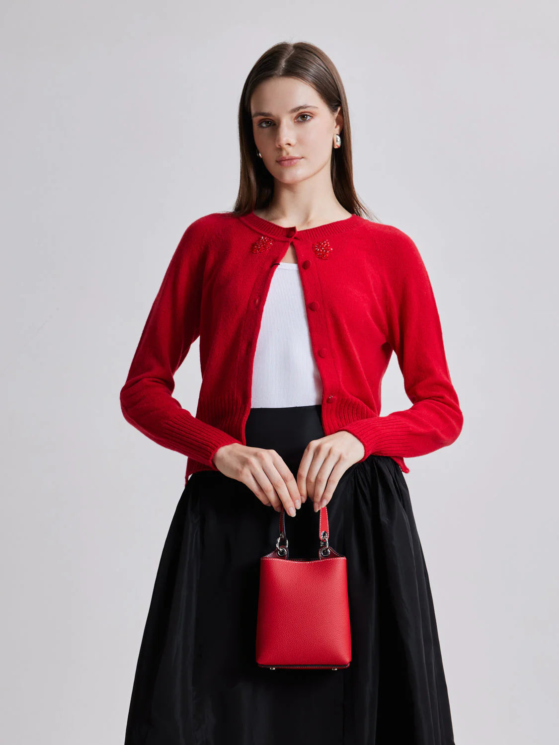 PAZZION, Estelle Leather Mini Bucket Bag, Red