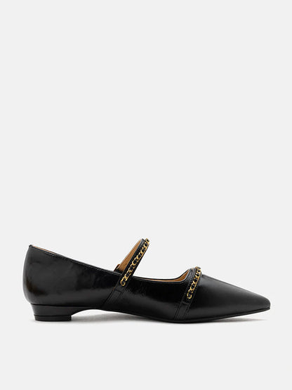 PAZZION, Eva Chained Strappy Pointed Toe Flats, Black