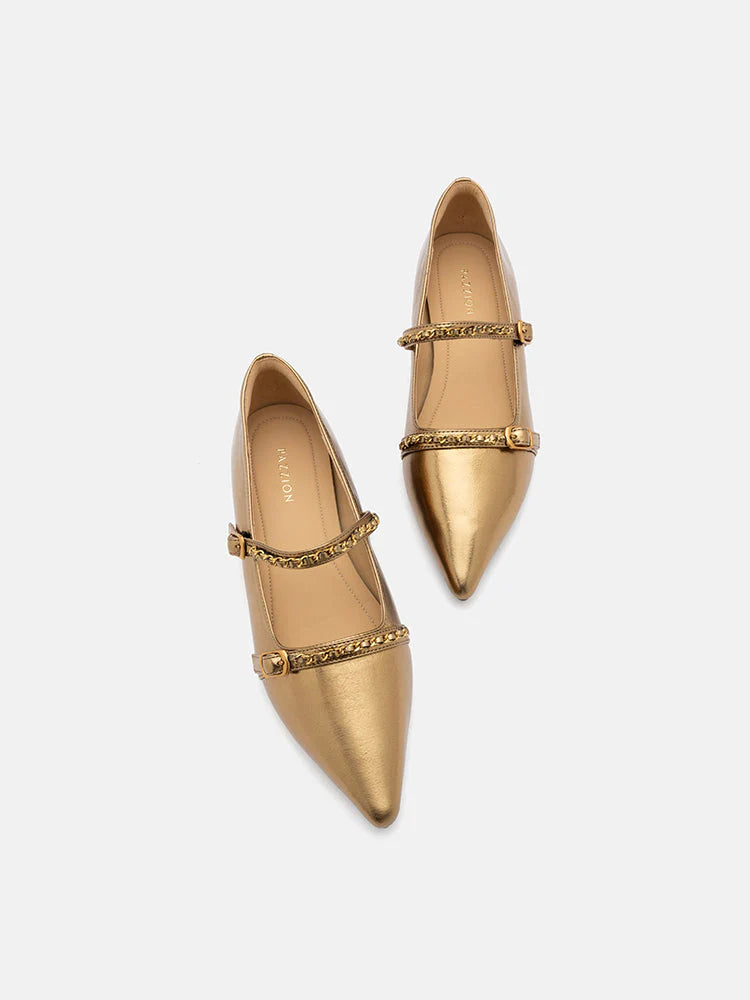 PAZZION, Eva Chained Strappy Pointed Toe Flats, Gold