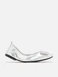 PAZZION, Everlee Metallic Crystal  Embellished Buckle Foldable Flats, Silver