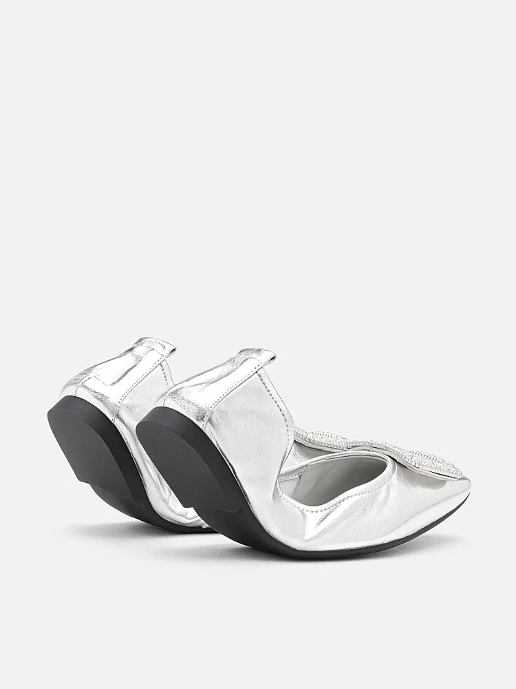 PAZZION, Everlee Metallic Crystal  Embellished Buckle Foldable Flats, Silver
