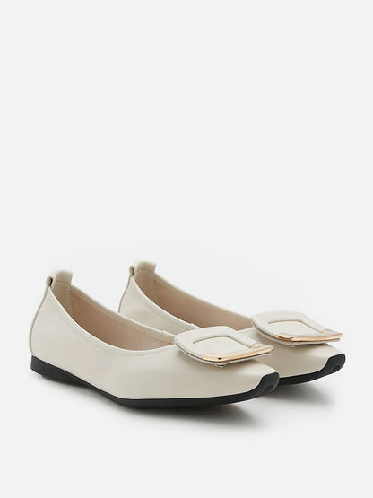 PAZZION, Faye Buckle Square-Toe Flats, Beige