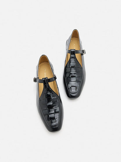 PAZZION, Feodora T-bar Weaved Loafer Flats, Black