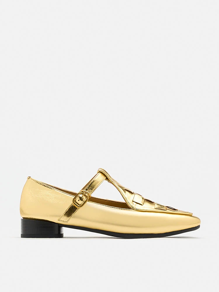 PAZZION, Feodora T-bar Weaved Loafer Flats, Gold