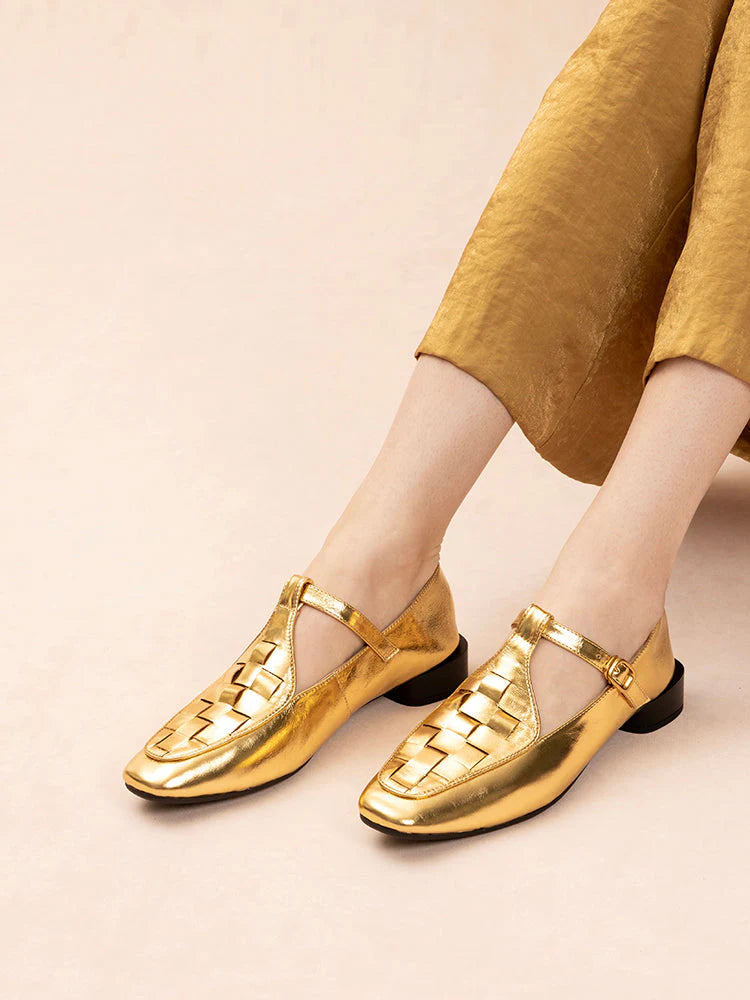 PAZZION, Feodora T-bar Weaved Loafer Flats, Gold