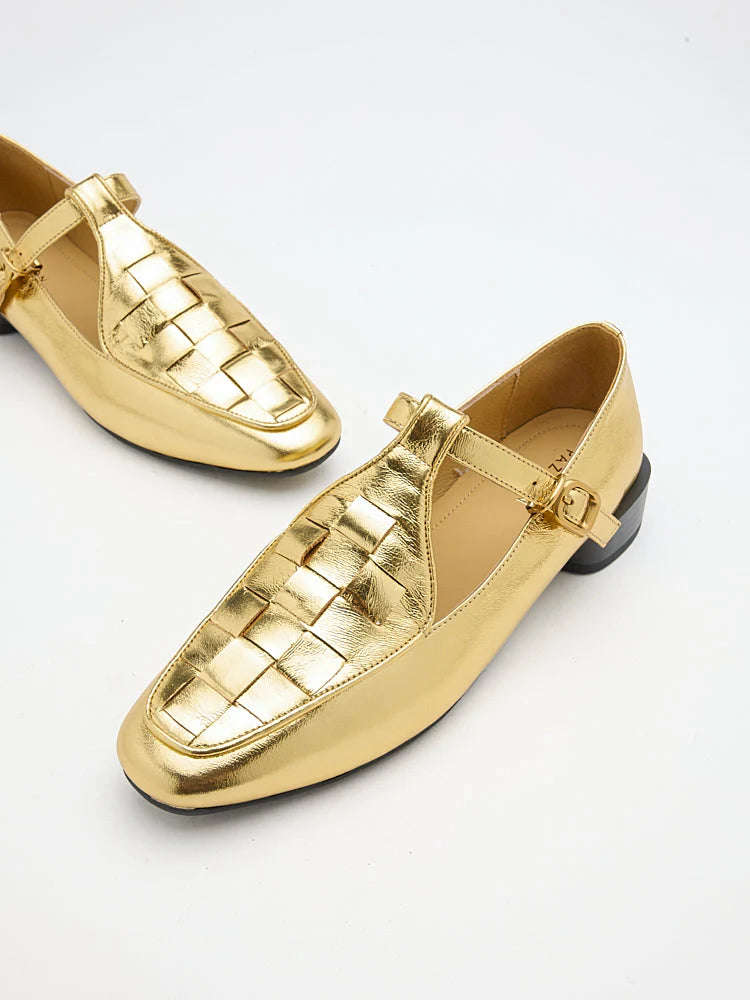 PAZZION, Feodora T-bar Weaved Loafer Flats, Gold