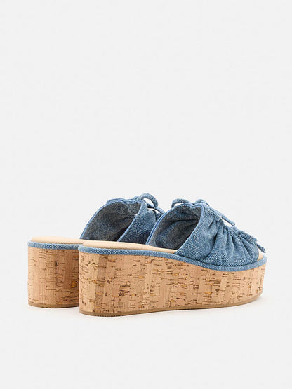 PAZZION, Ferlyn Denim Double Tied Wedge Sandals, Darkblue