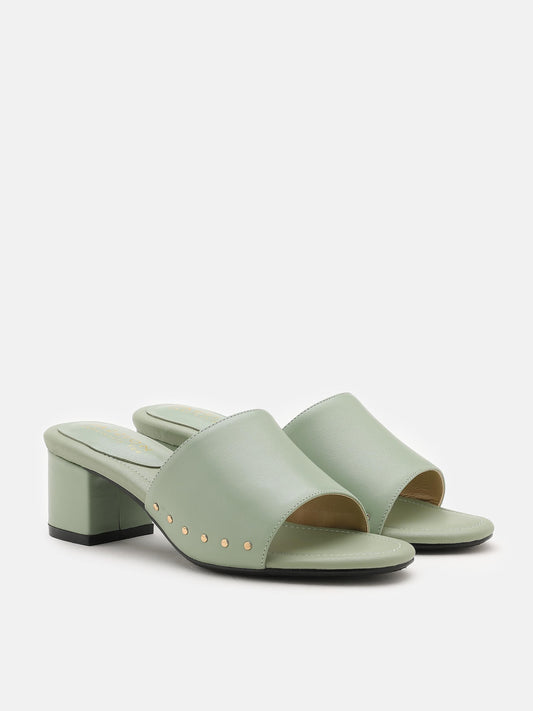 PAZZION, Fleur Leather Mule Heels, Light Green