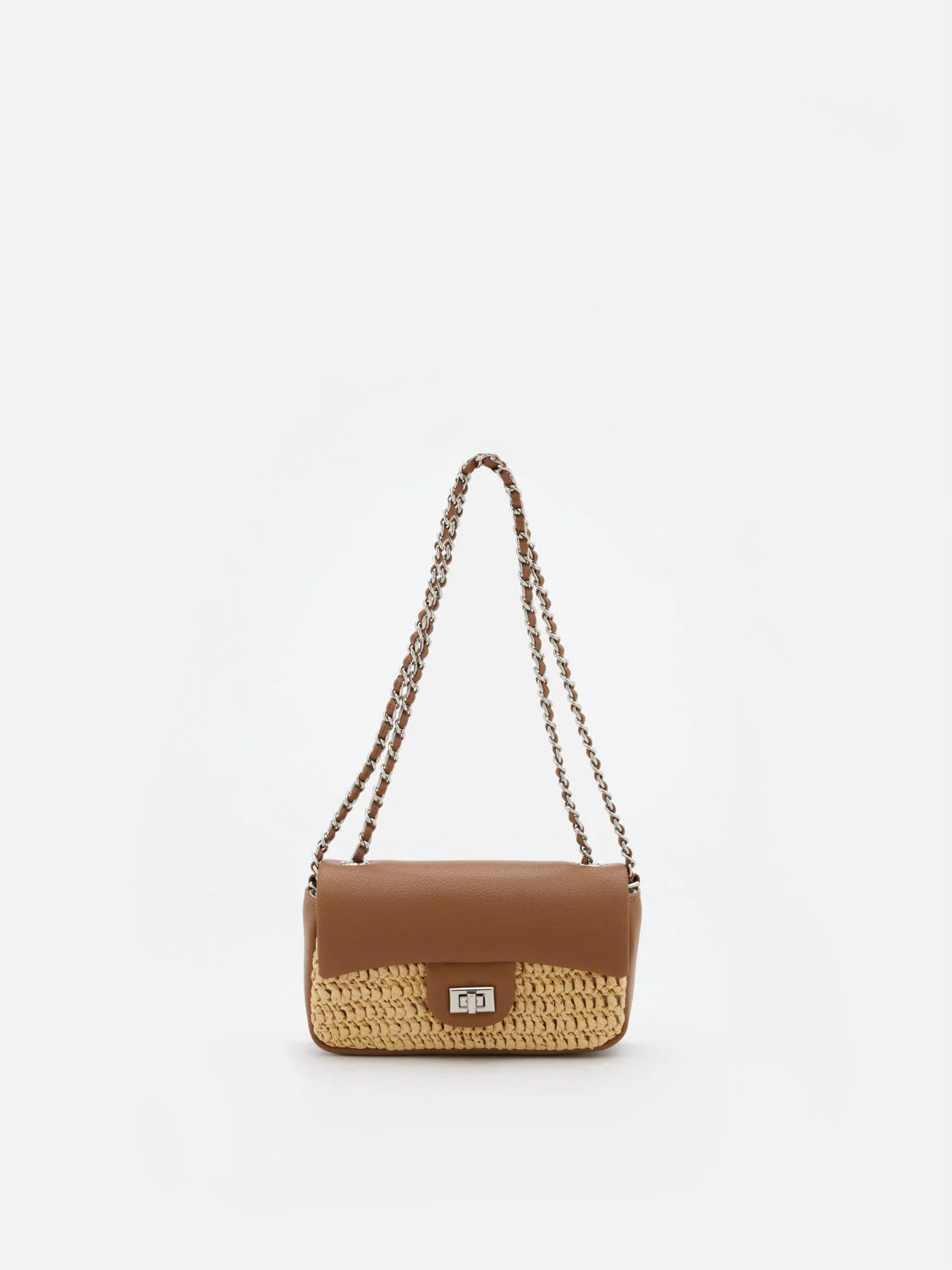 PAZZION, Fleur Raffia Leather Chained Crossbody Bag, Brown