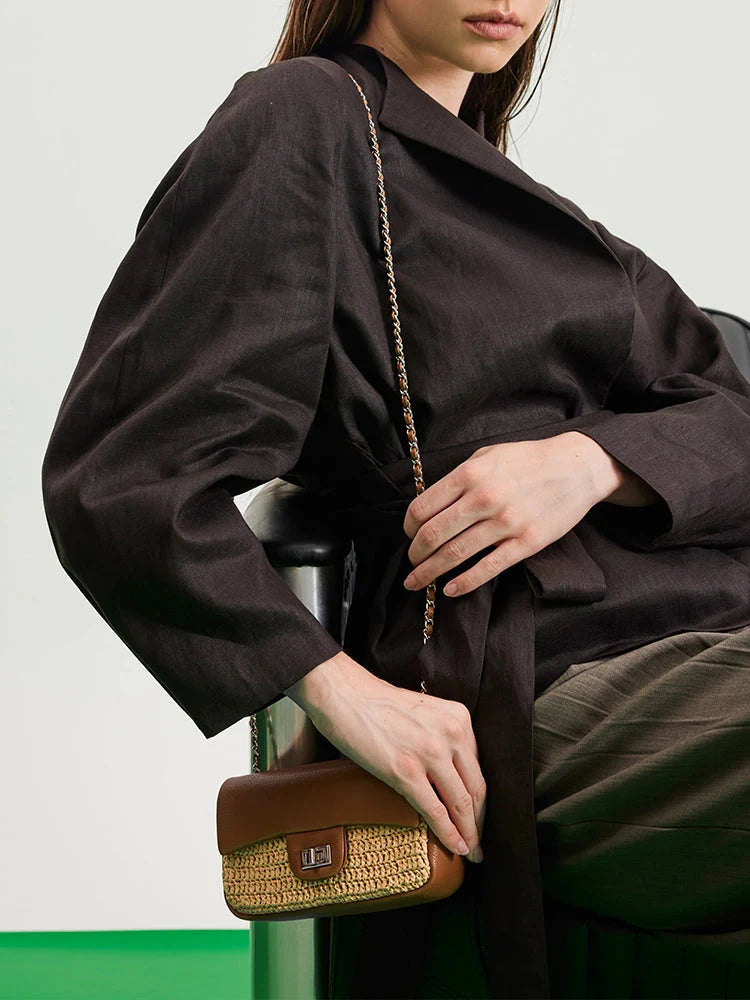 PAZZION, Fleur Raffia Leather Chained Crossbody Bag, Brown