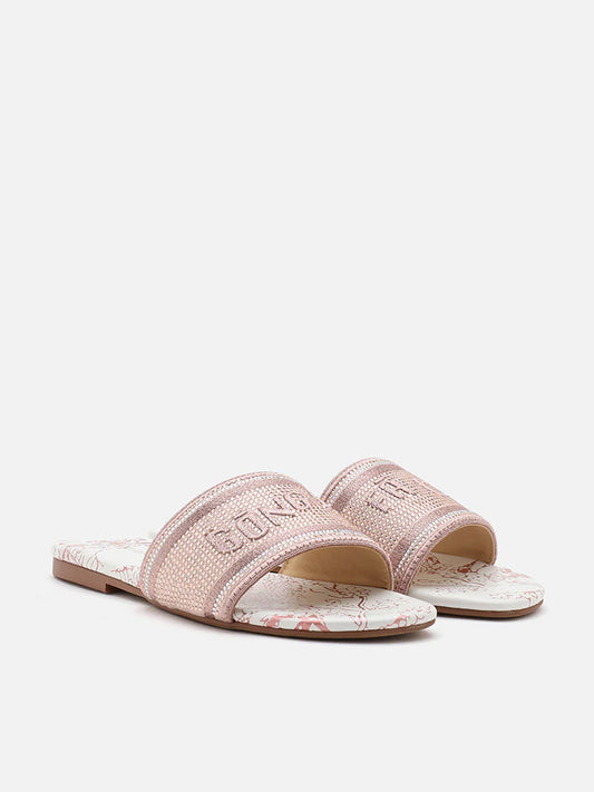 PAZZION, Florence Crystal Embroidered Slides, Pink