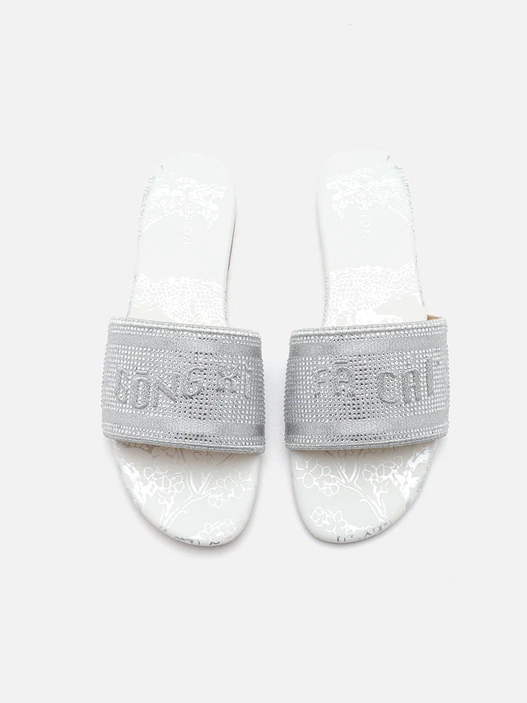 PAZZION, Florence Crystal Embroidered Slides, Silver