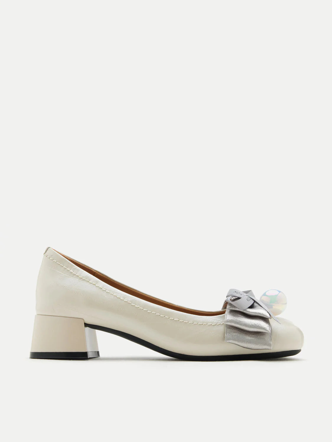 PAZZION, Florianna Ribbon and Pearl Low Block Heels, Beige