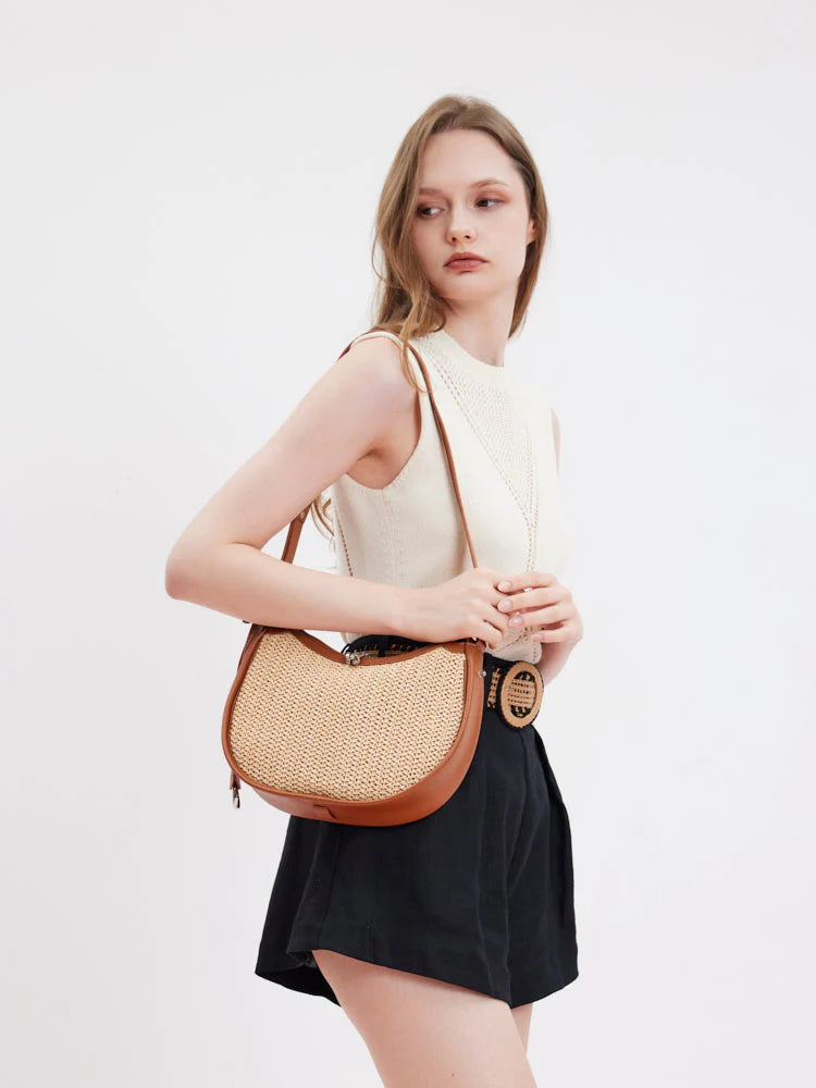 PAZZION, Fortuna Raffia Hobo Bag, Brown