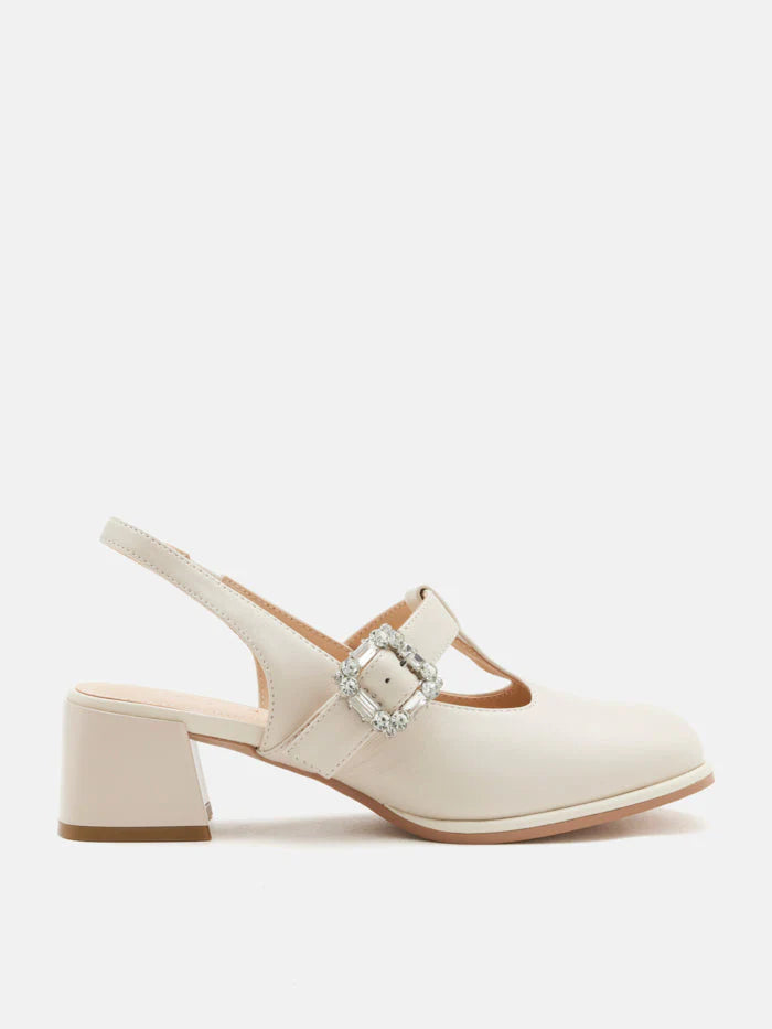 PAZZION, Freya T-Bar Mary Jane Slingback Heels, Beige