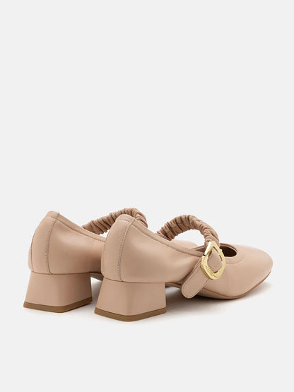 PAZZION, Gabriella Ruched Strap Mary Jane Heels, Almond