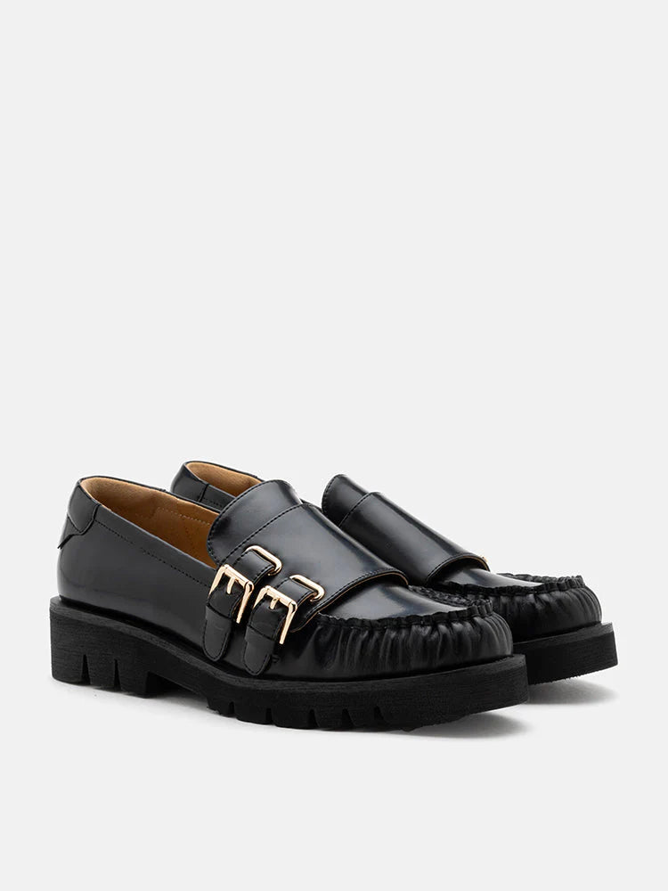 PAZZION, Giada Double Monk Strap Loafers, Black