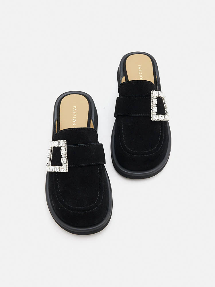 PAZZION, Gillian Suede Loafer Mules, Black