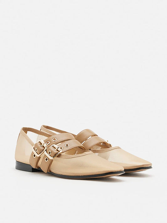 PAZZION, Giselle Mesh Double Buckle Flats, Almond