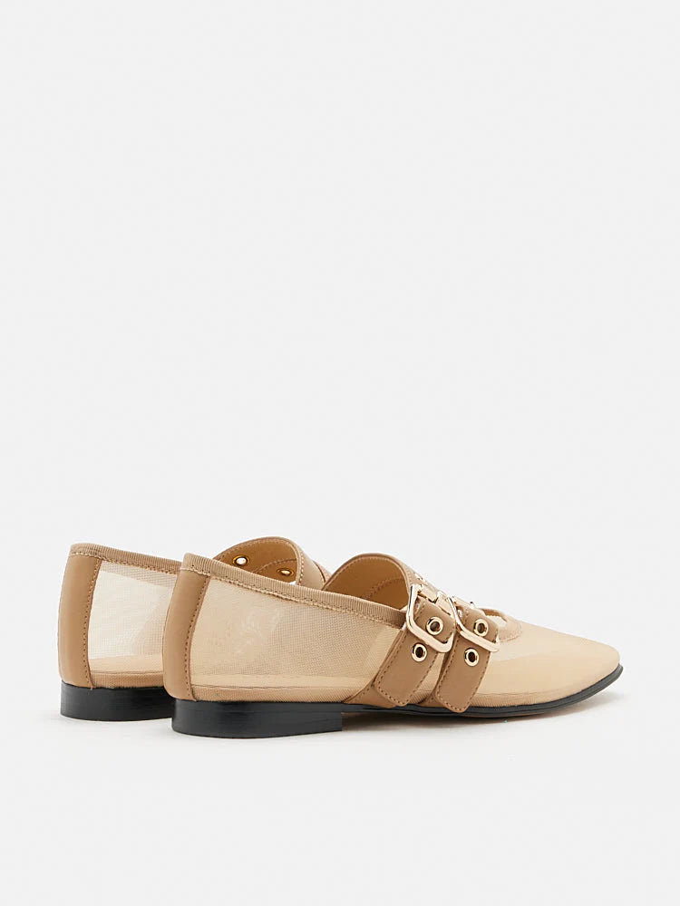 PAZZION, Giselle Mesh Double Buckle Flats, Almond