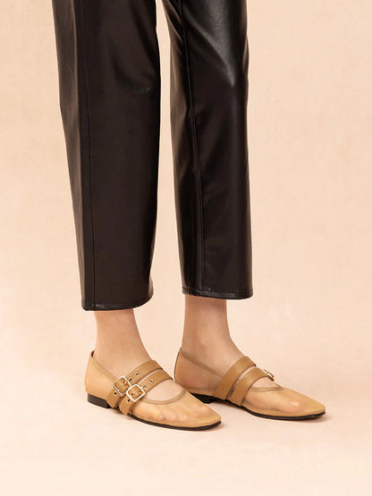 PAZZION, Giselle Mesh Double Buckle Flats, Almond