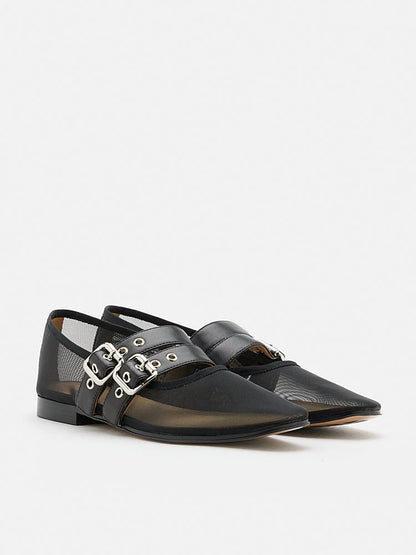 PAZZION, Giselle Mesh Double Buckle Flats, Black