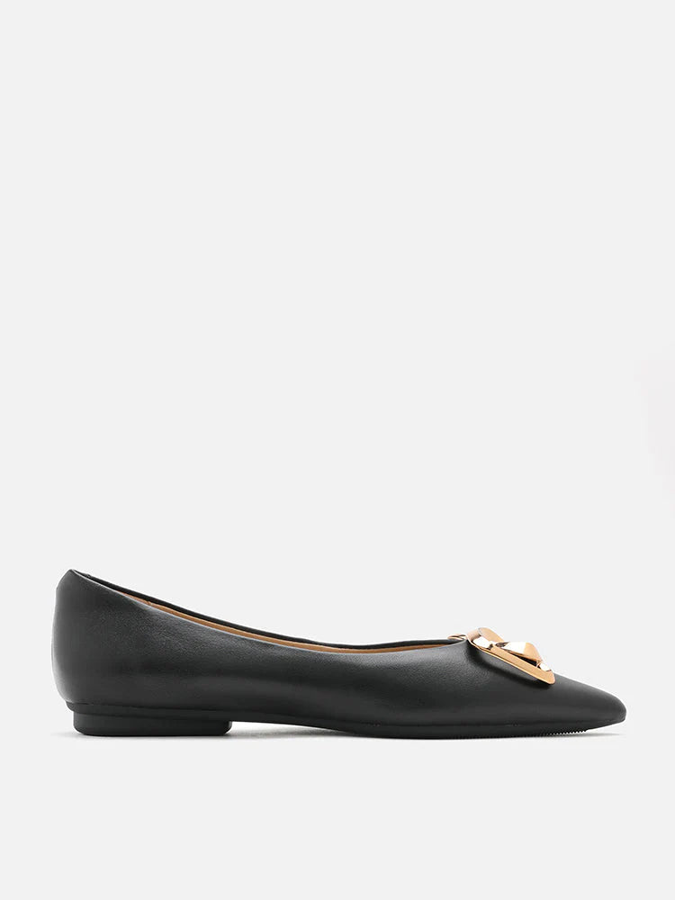 PAZZION, Grady Gold Buckle Point-Toe Flats, Black