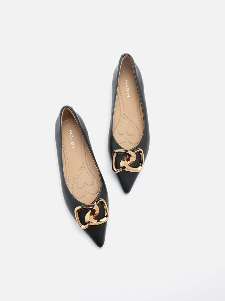 PAZZION, Grady Gold Buckle Point-Toe Flats, Black