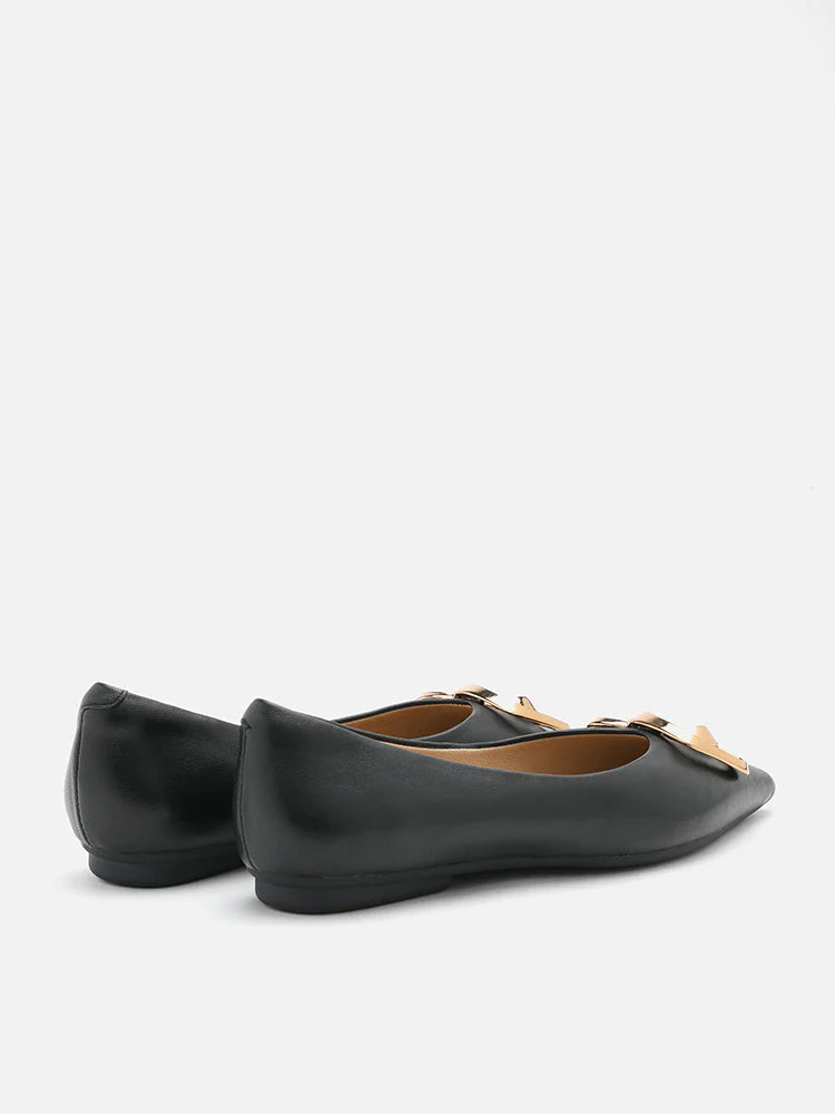 PAZZION, Grady Gold Buckle Point-Toe Flats, Black