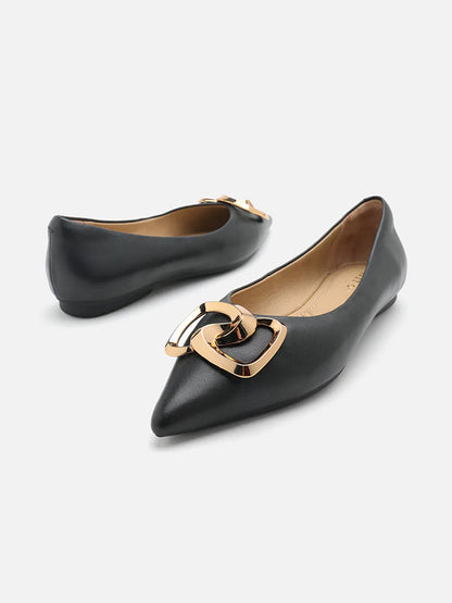 PAZZION, Grady Gold Buckle Point-Toe Flats, Black