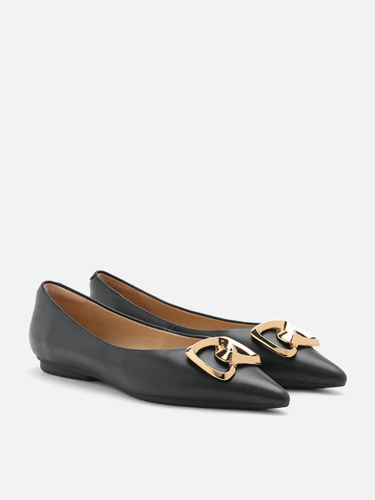 PAZZION, Grady Gold Buckle Point-Toe Flats, Black