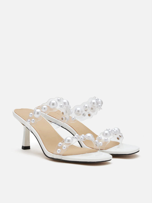 PAZZION, Greylisse Pearl Encrusted Sandal Heels, White