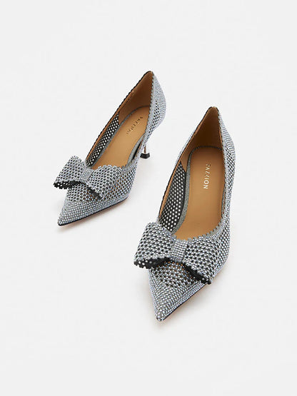 PAZZION, Guinevere Crystal Embellished Bow Perforated Heels, Pewter